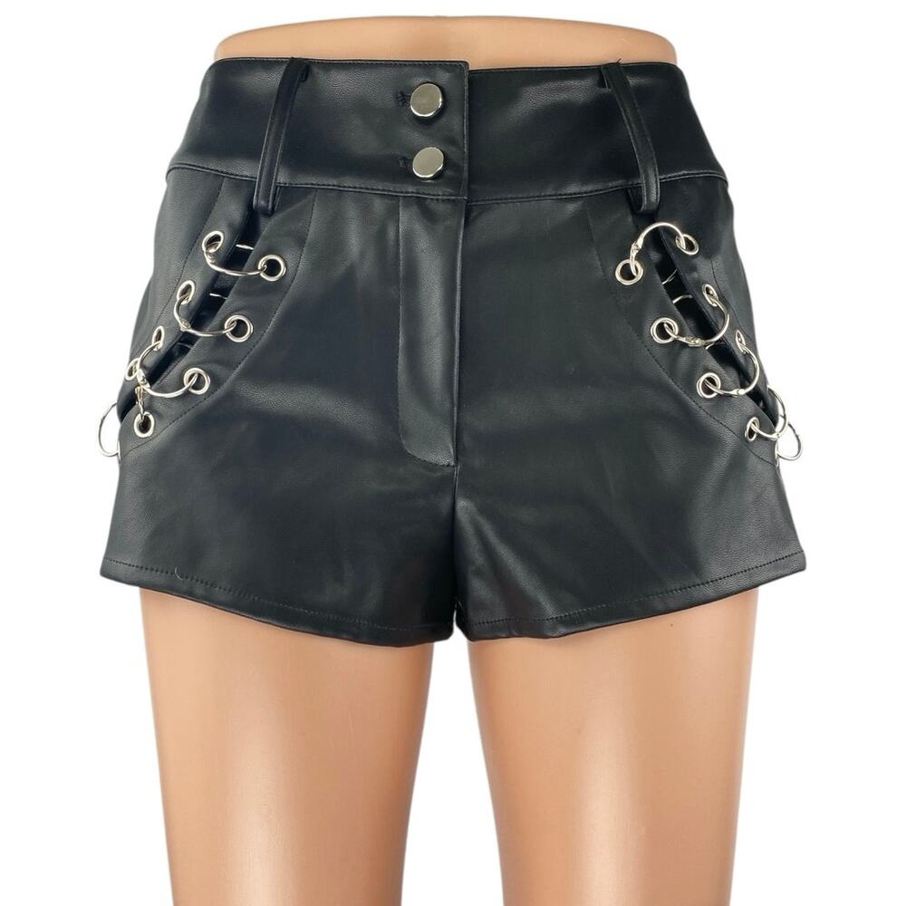 Fashion Nova Black Faux Vegan Leather Studded Ring Mini High Waist Shorts Size S